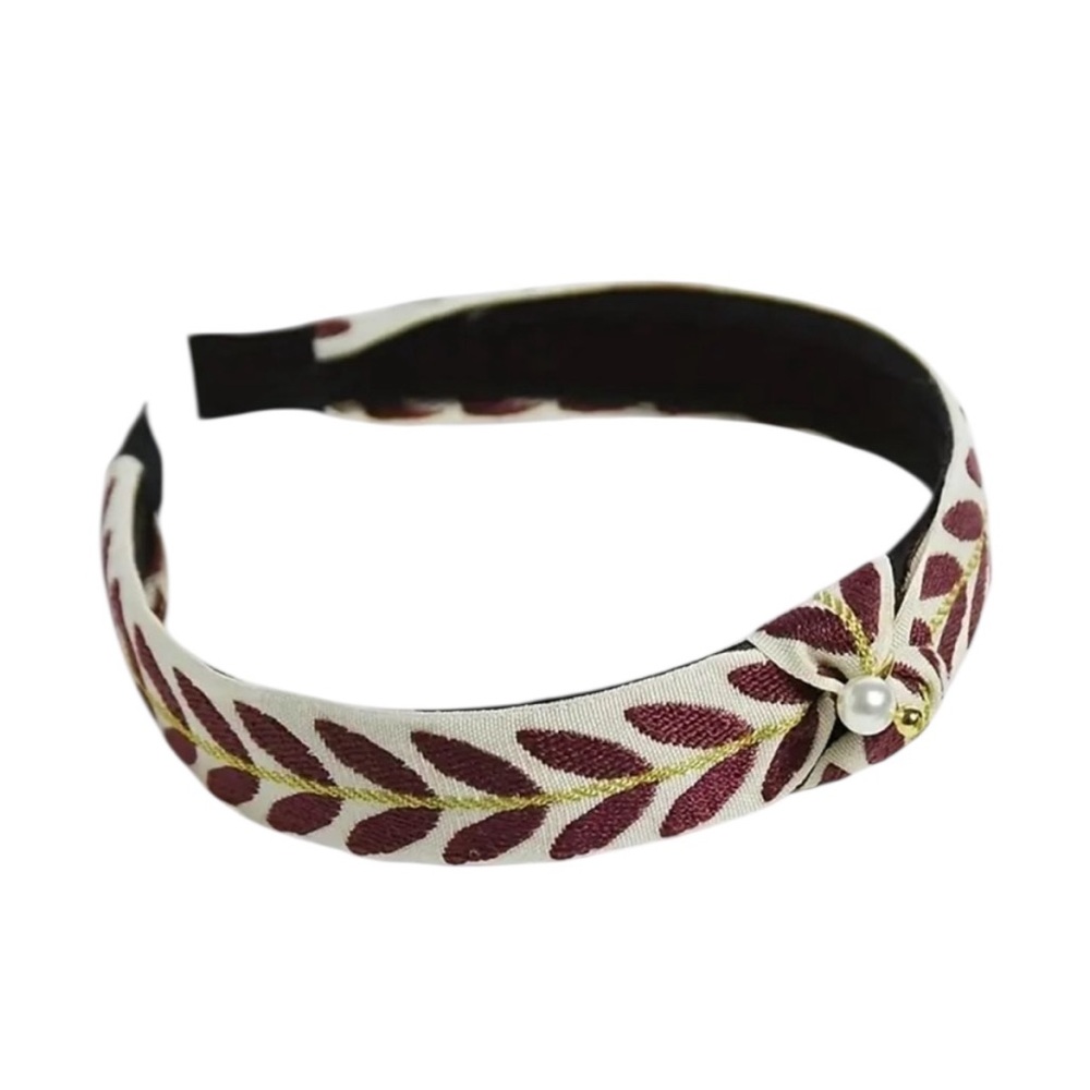 Burgundy Floral Embroidered Faux Pearl Knotted Headband